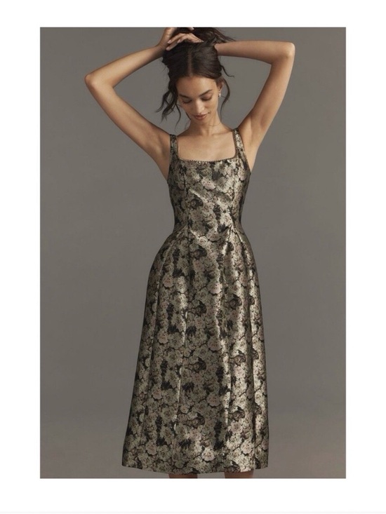 Anthropologie Dresses & Skirts - Maeve Anthropologie Metallic Floral Square-Neck Midi Dress